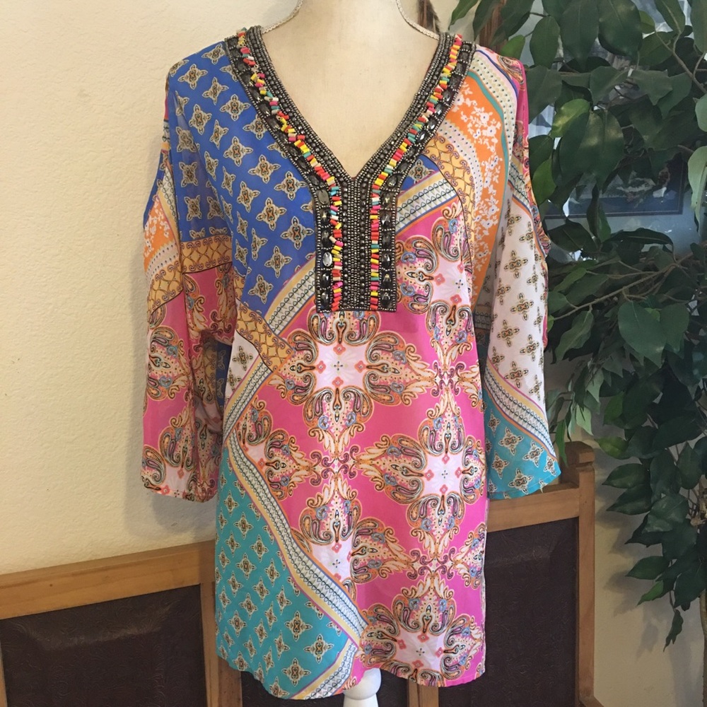 Melissa Paige cold shoulder sleeve beaded top